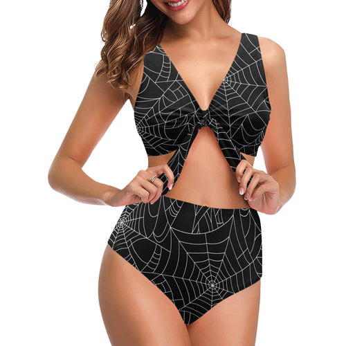 Spider web pattern Black background white cobweb Chest Bowknot High Waisted Bikini Swimsuit