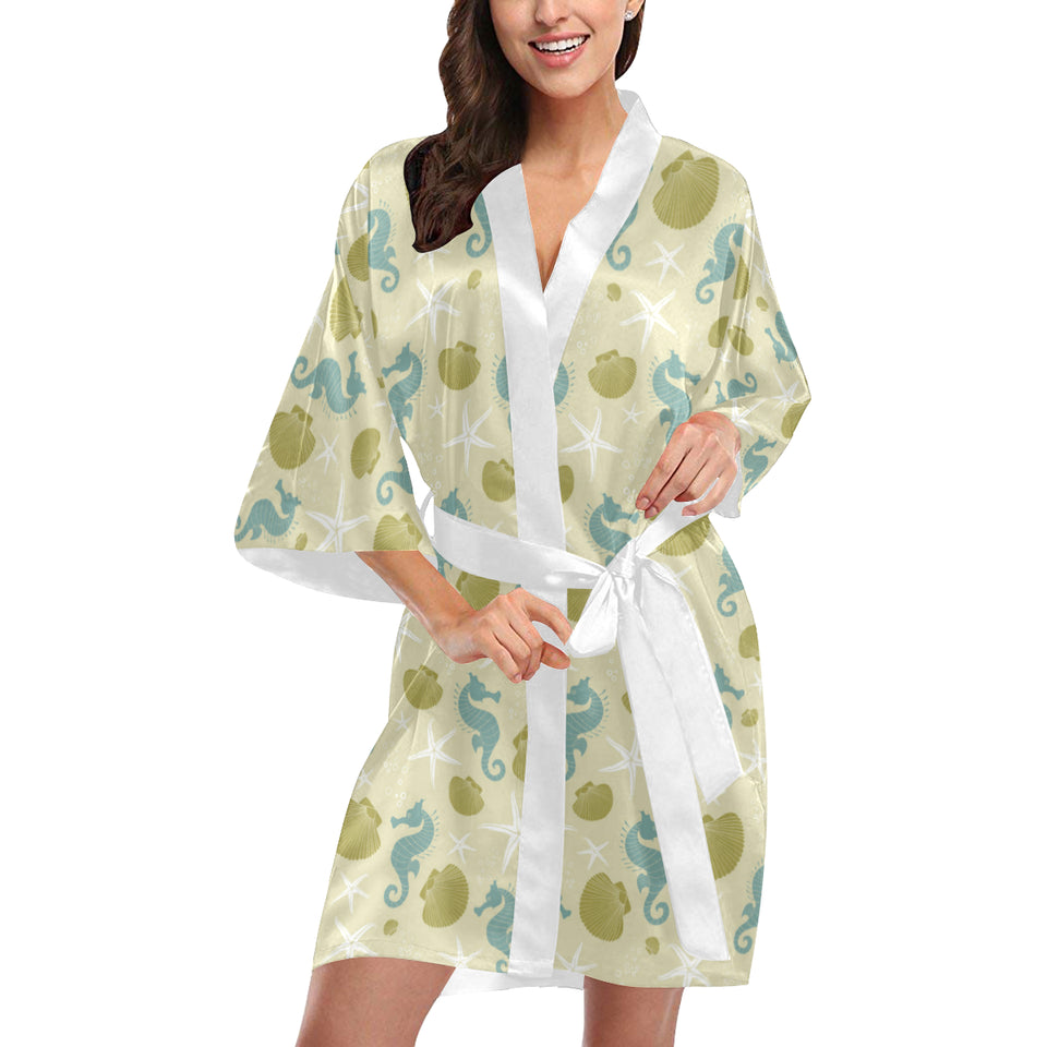 Seahorse shell starfish pattern background Women's Short Kimono Robe
