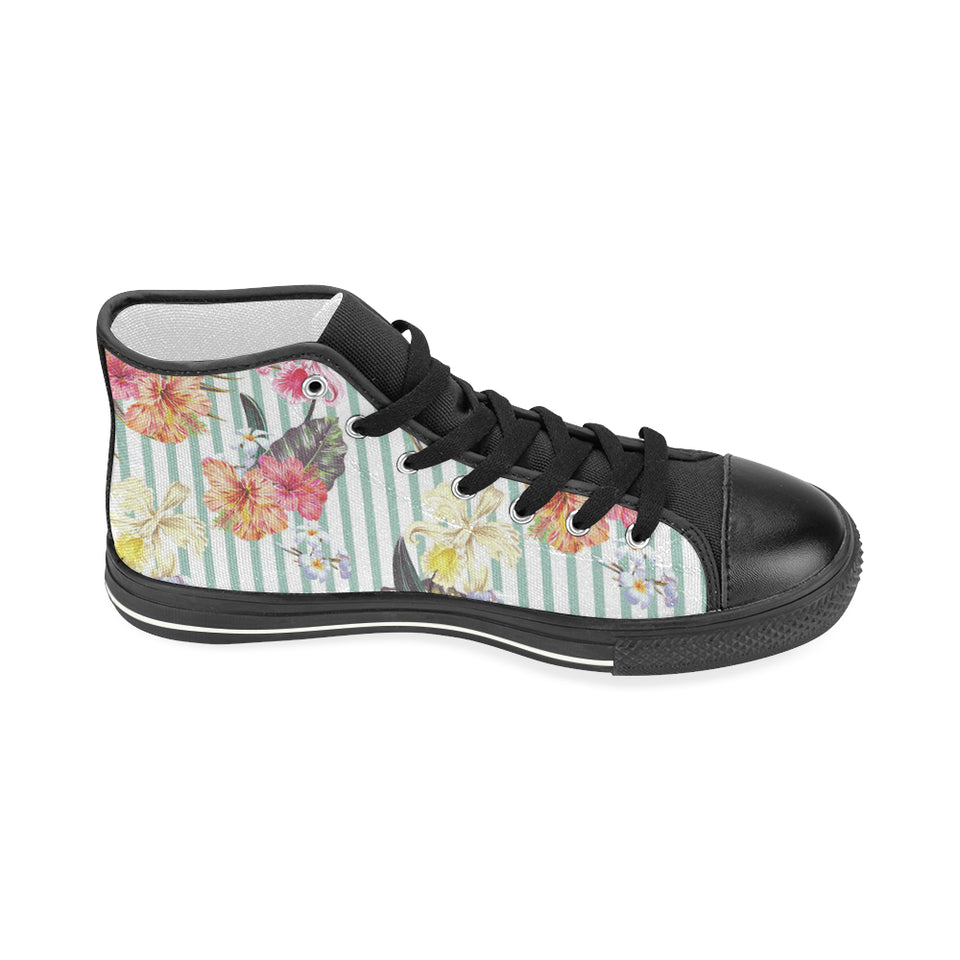 Colorful orchid flower pattern Women's High Top Canvas Shoes Black
