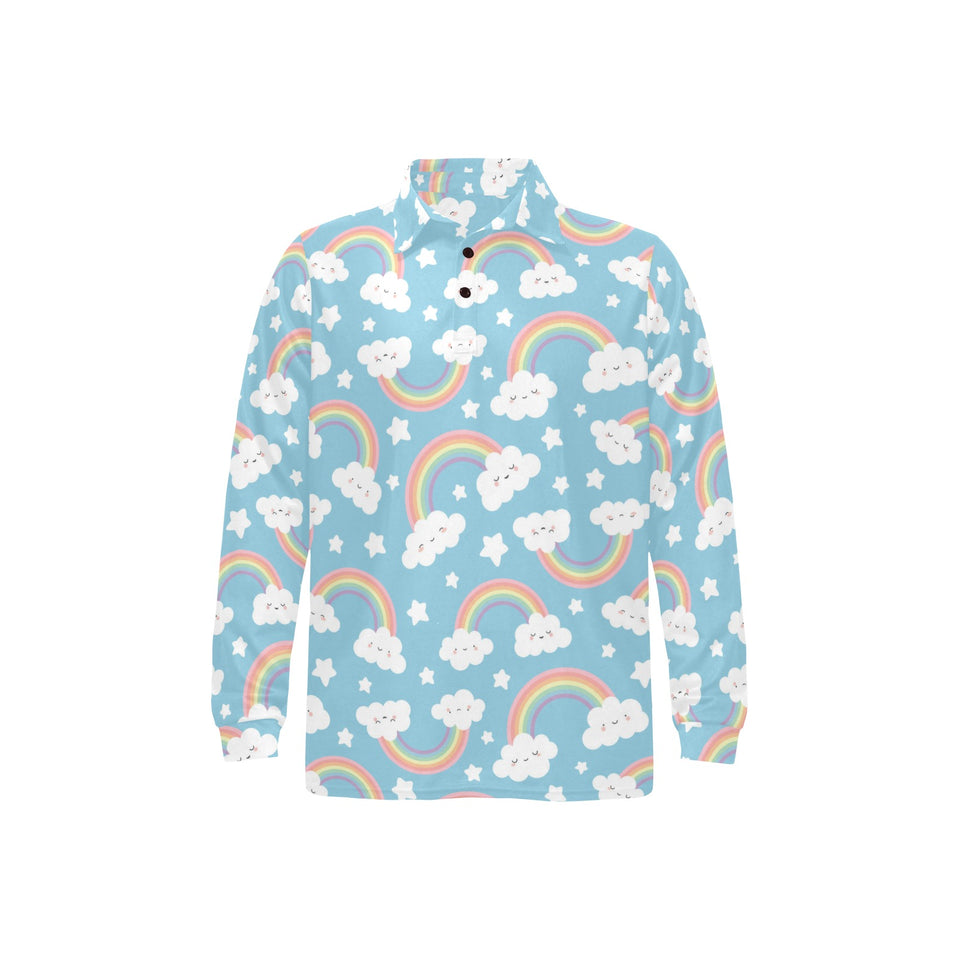 Cute rainbow clound star pattern blue background Men's Long Sleeve Polo Shirt