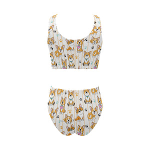 Cute dog corgi striped background pattern Chest Bowknot High Waisted Bikini Swimsuit