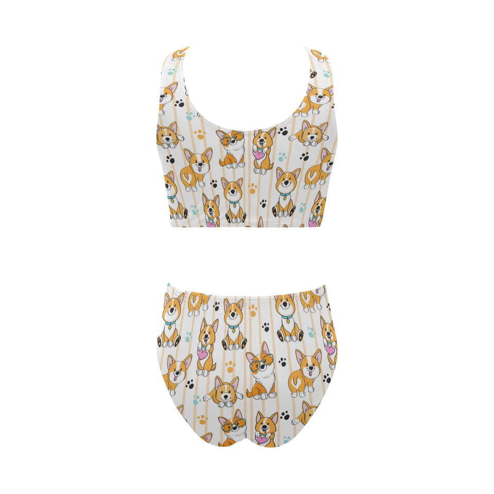 Cute dog corgi striped background pattern Chest Bowknot High Waisted Bikini Swimsuit
