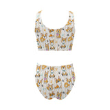 Cute dog corgi striped background pattern Chest Bowknot High Waisted Bikini Swimsuit
