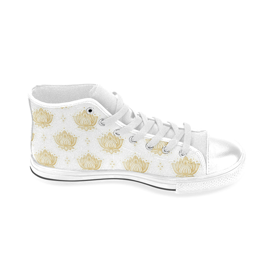 Gold Ornamental lotue waterlily symbol pattern Men's High Top Canvas Shoes White
