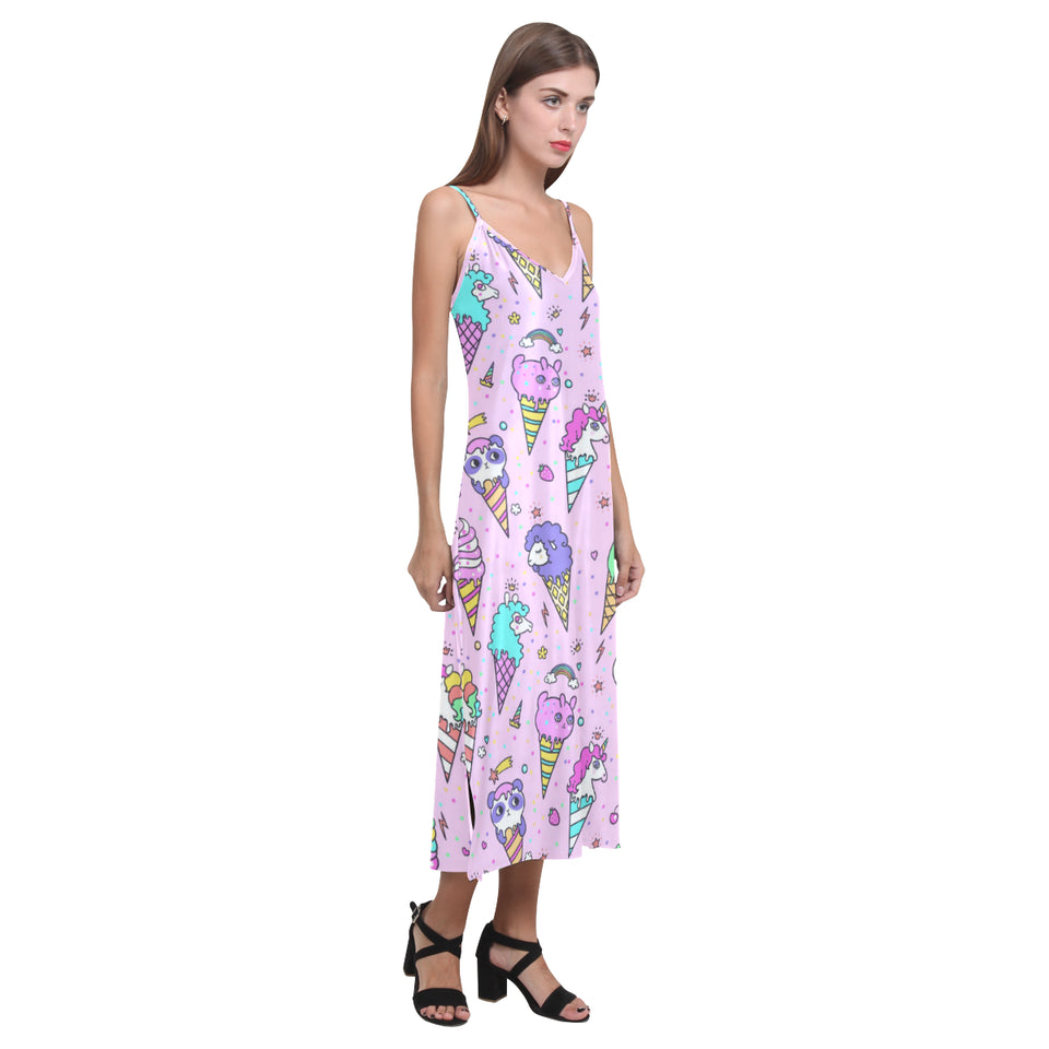 Cute ice cream cone animal pattern V-Neck Open Fork Long Dress