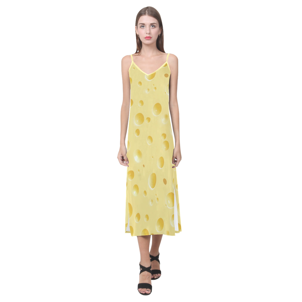 Cheese texture V-Neck Open Fork Long Dress