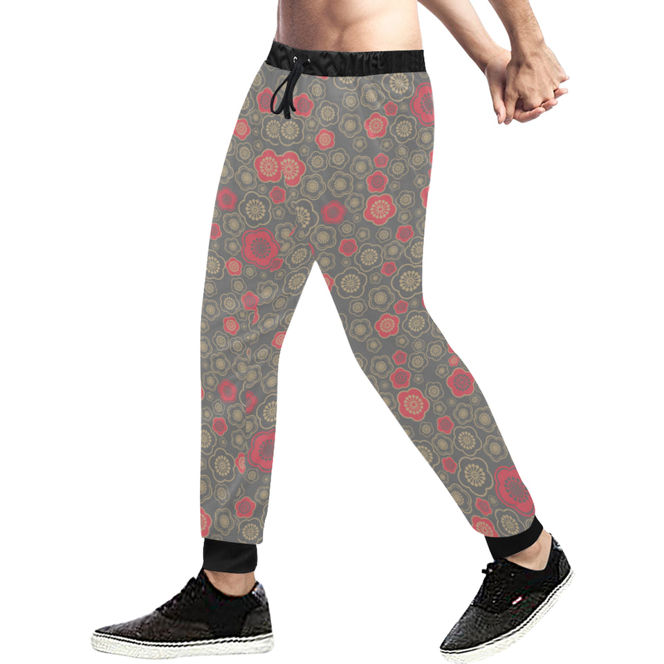 Red gold Sakura cherry blossom gray background Unisex Casual Sweatpants