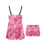 Beautiful dragonfly pink background Chest Sexy Pleated Two Piece Swim Dress