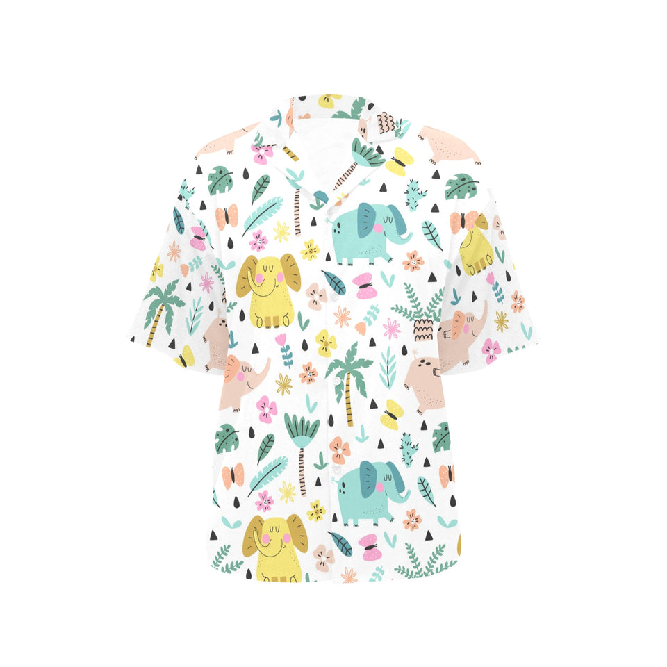 Cute elephants palm tree flower butterfly pattern Women's All Over Print Hawaiian Shirt