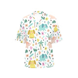 Cute elephants palm tree flower butterfly pattern Women's All Over Print Hawaiian Shirt