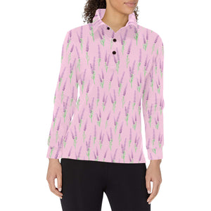 Lavender pattern pink background Women's Long Sleeve Polo Shirt
