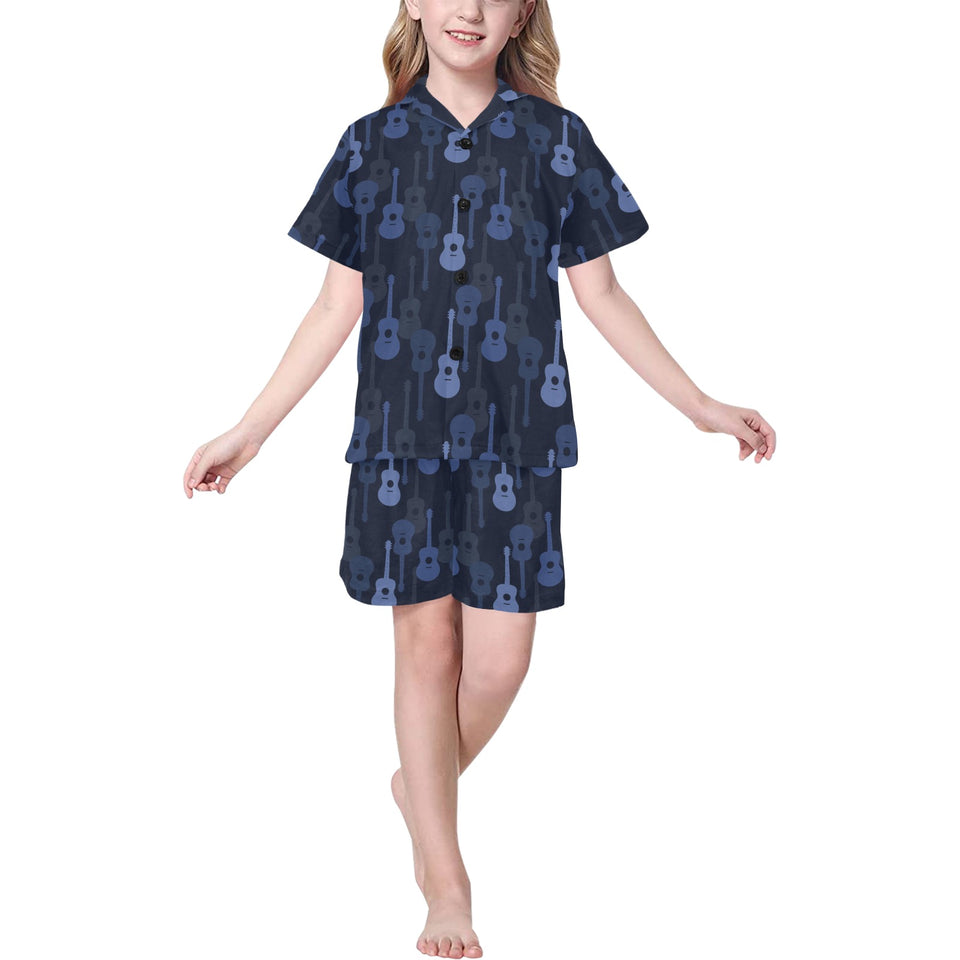 Blue Theme guitar pattern Kids' Boys' Girls' V-Neck Short Pajama Set