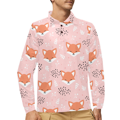 Cute fox pattern pink background Men's Long Sleeve Polo Shirt