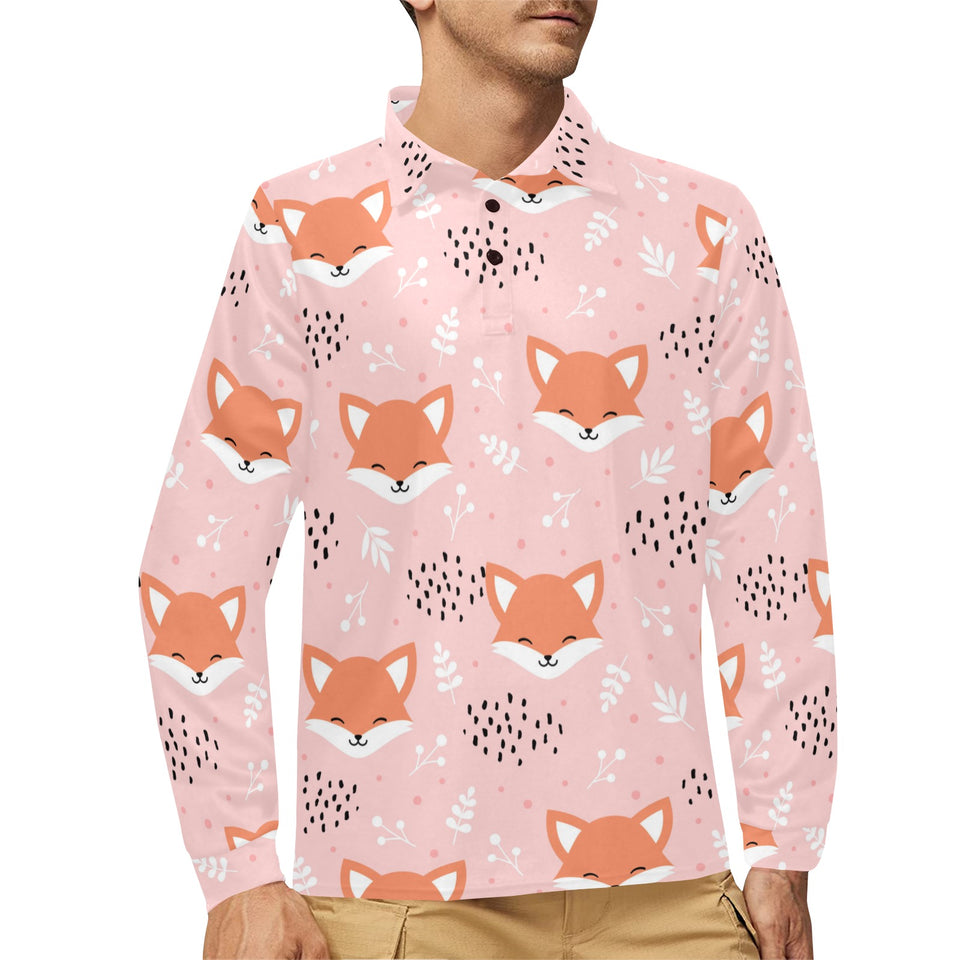 Cute fox pattern pink background Men's Long Sleeve Polo Shirt
