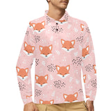 Cute fox pattern pink background Men's Long Sleeve Polo Shirt