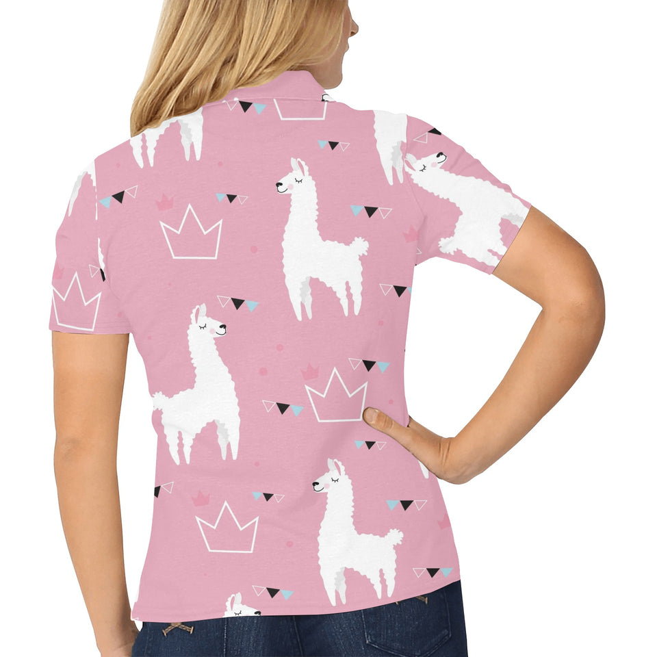 Llama Alpaca pink background Women's All Over Print Polo Shirt