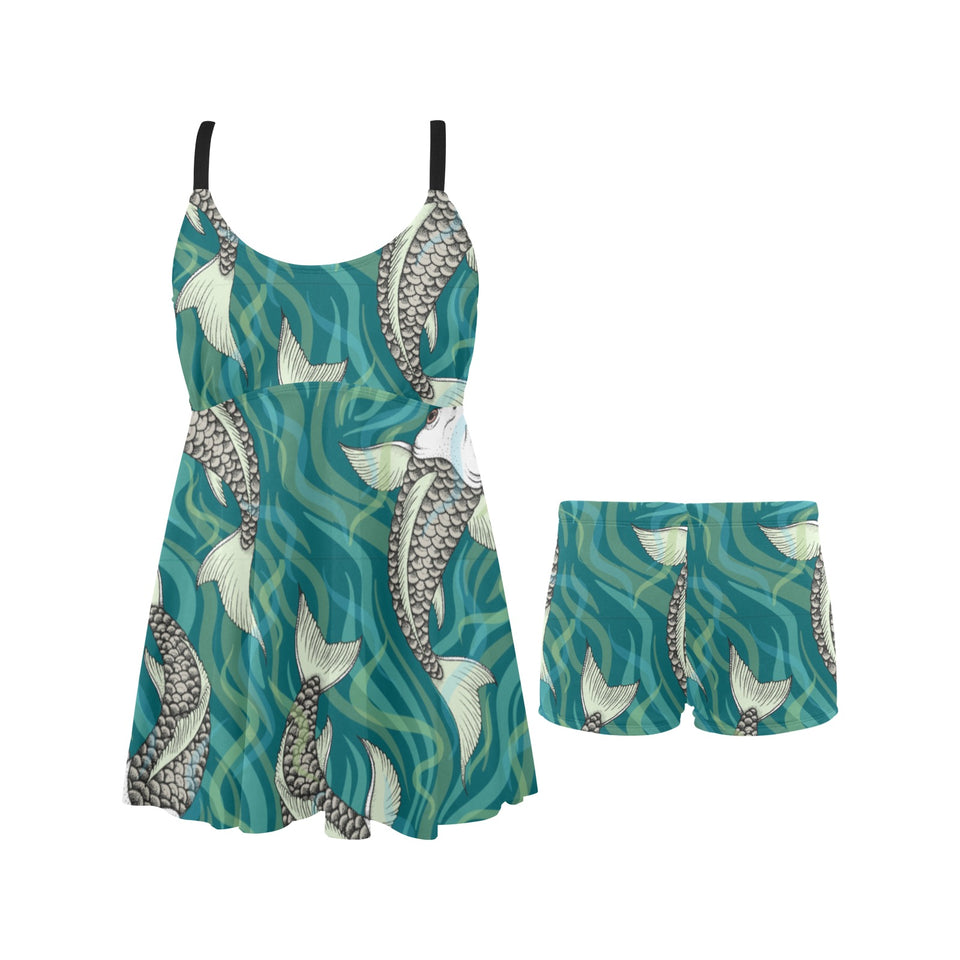 Koi Fish Carp Fish lotus pattern Chest Sexy Pleated Two Piece Swim Dress