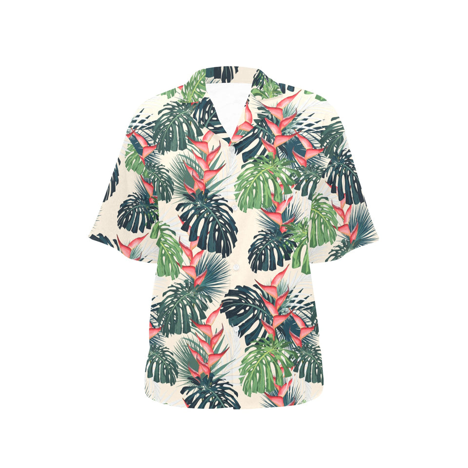 heliconia flowers, palm and monstera leaves Women's All Over Print Hawaiian Shirt