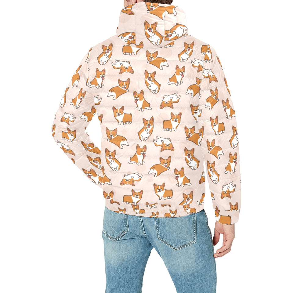Cute Corgis Pattern pink background Men's Padded Hooded Jacket