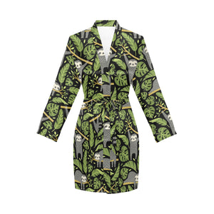 Cute sloths tropical palm leaves black background Women's Long Sleeve Belted Night Robe