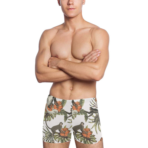 Monkey red hibiscus flower palm leaves floral patt Men's Swimming Trunks