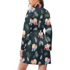 Cute sloths sleeping christmas ball santa hat patt Women's Long Sleeve Belted Night Robe