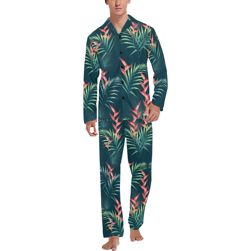 heliconia flowers, palm and monstera leaves on bla Men's Long Pajama Set