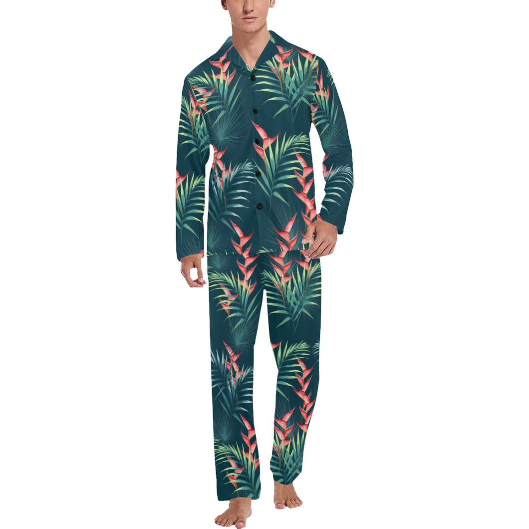 heliconia flowers, palm and monstera leaves on bla Men's Long Pajama Set
