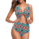 British Pattern Print Design 04 Chest Bowknot High Waisted Bikini Swimsuit