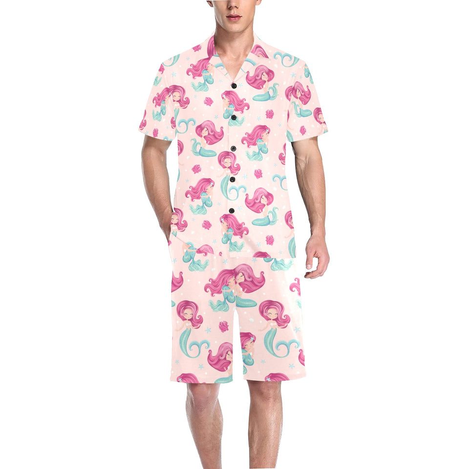 Cute little mermaid pattern Men's V-Neck Short Pajama Set
