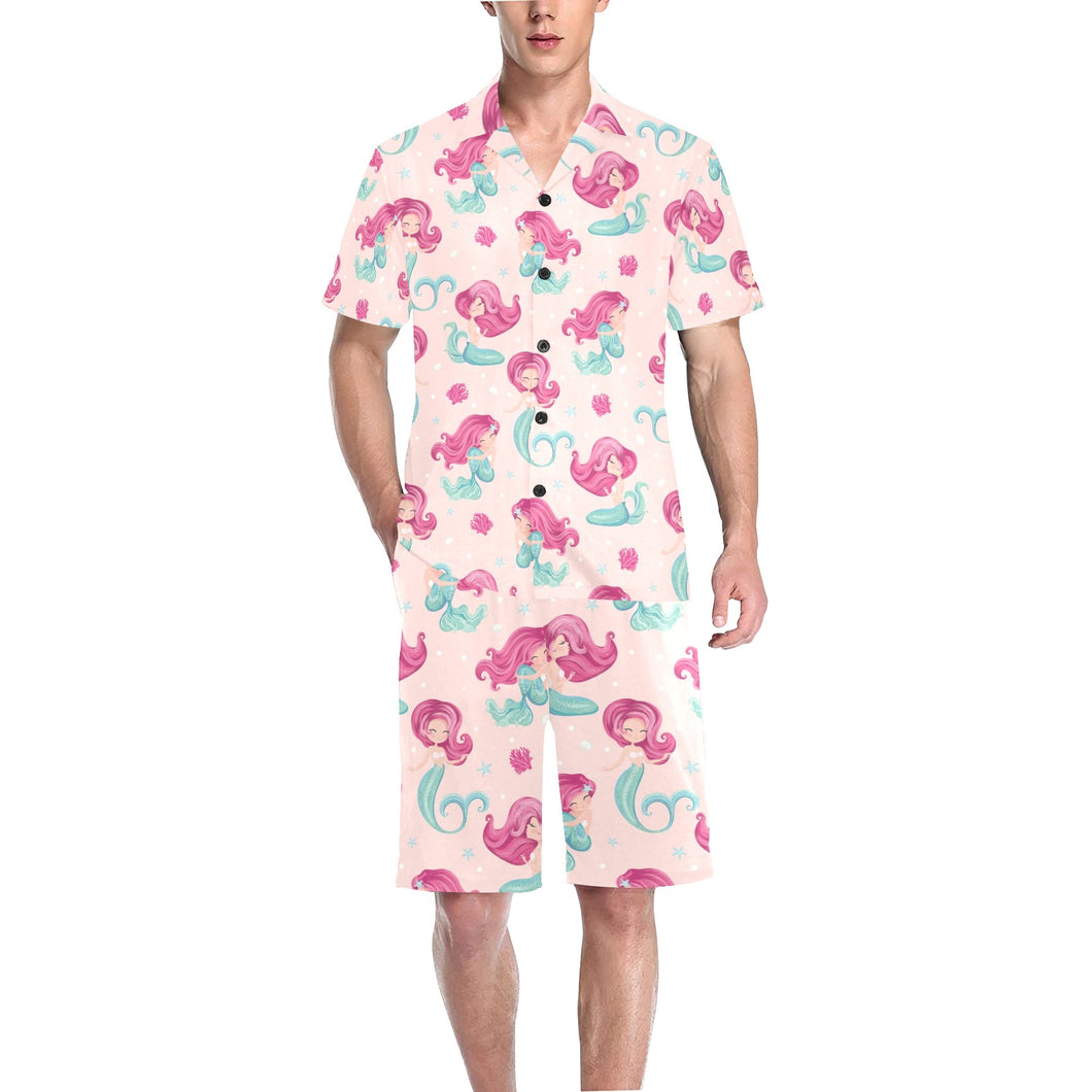 Cute little mermaid pattern Men's V-Neck Short Pajama Set