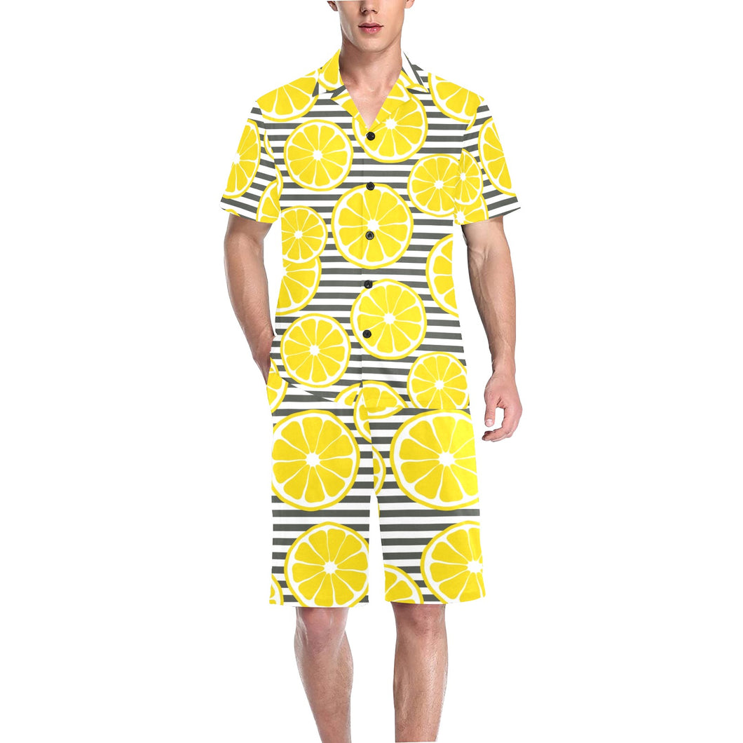 slice of lemon design pattern Men's V-Neck Short Pajama Set