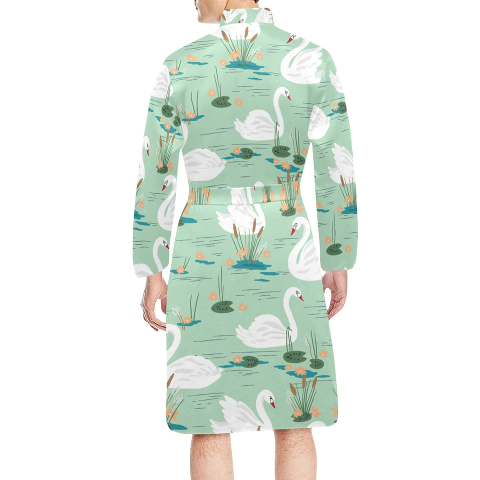 White swan lake pattern Men's Long Sleeve Belted Night Robe