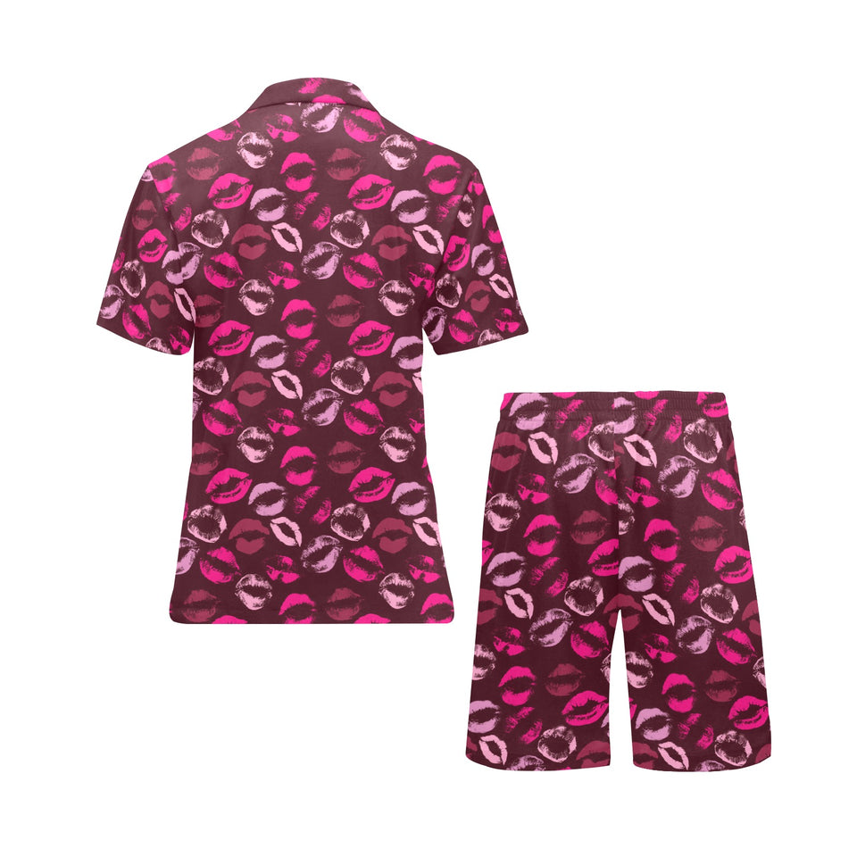 Lips Pattern Print Design 03 Men's V-Neck Short Pajama Set