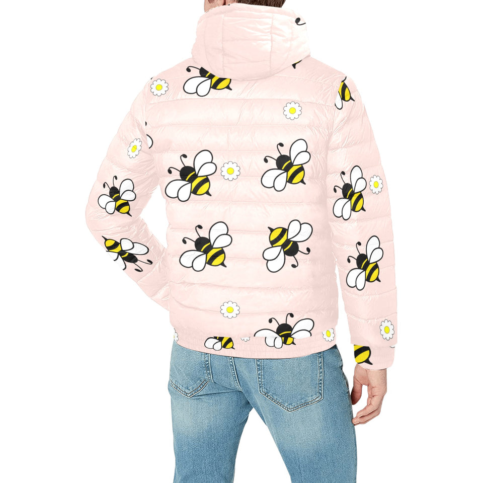 Cute bee flower pattern pink background Men's Padded Hooded Jacket