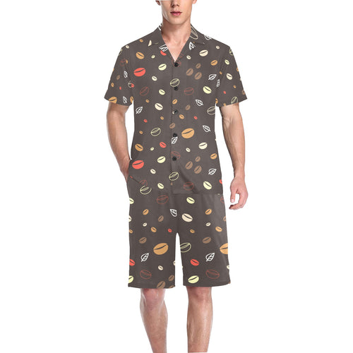 Coffee bean leave pattern Men's V-Neck Short Pajama Set