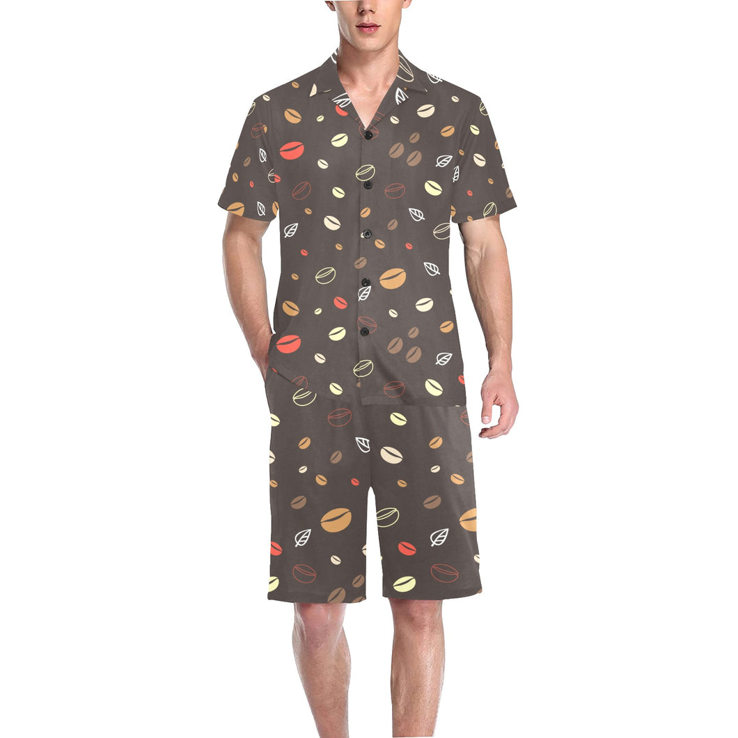 Coffee bean leave pattern Men's V-Neck Short Pajama Set