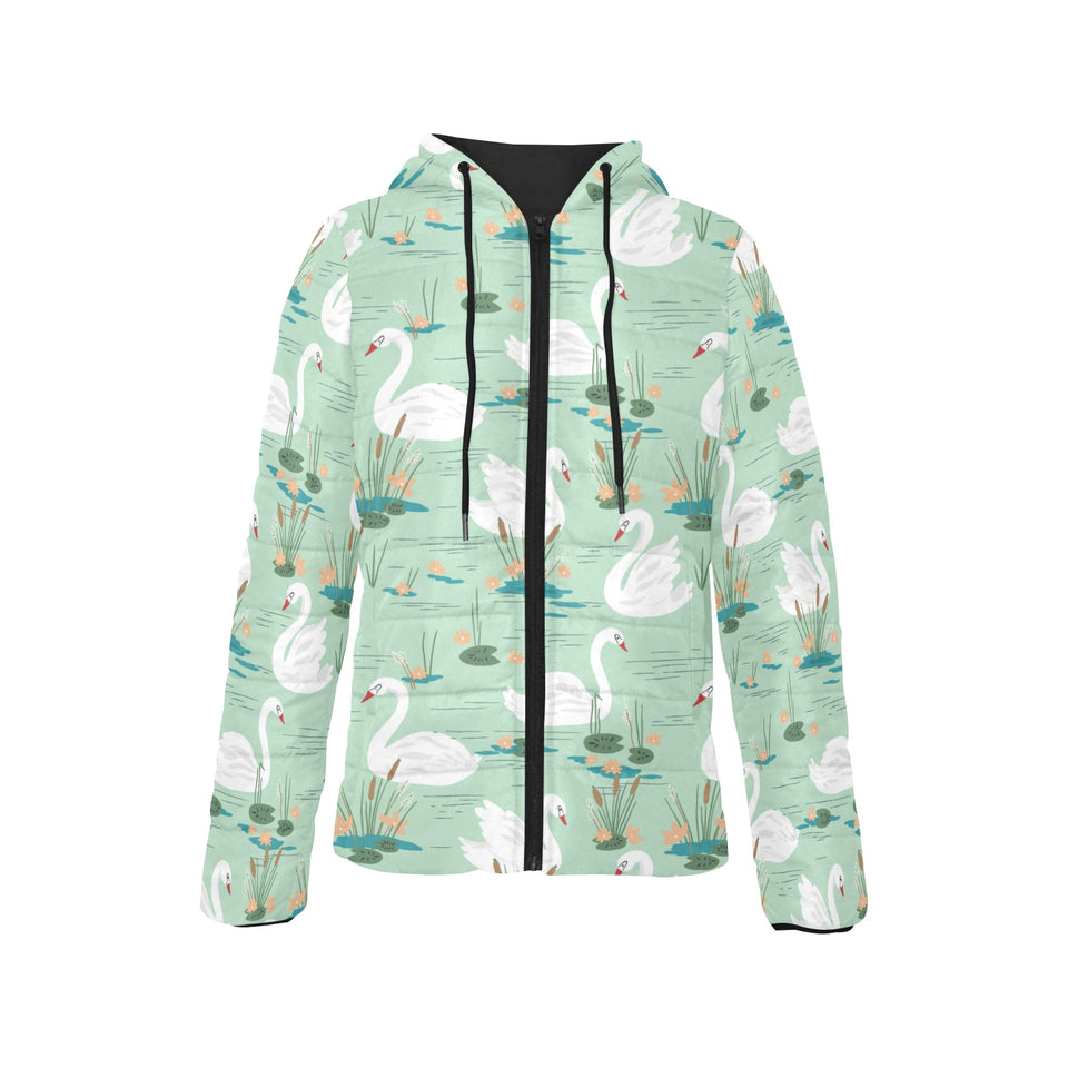 White swan lake pattern Women's Padded Hooded Jacket