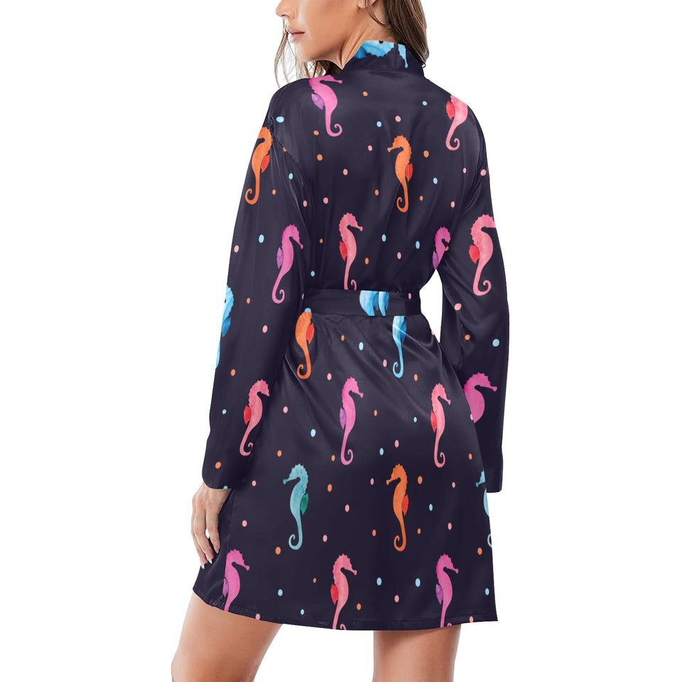 Watercolor colorful seahorse pattern Women's Long Sleeve Belted Night Robe