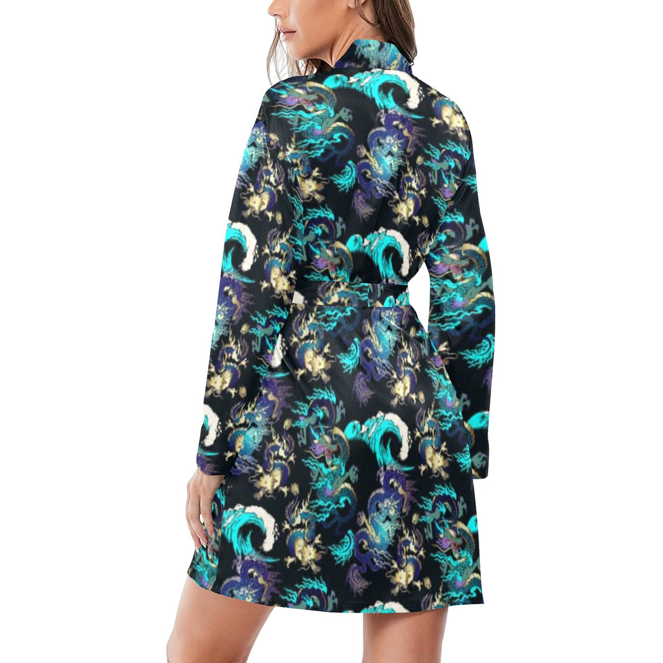 Dragon sea wave pattern Women's Long Sleeve Belted Night Robe