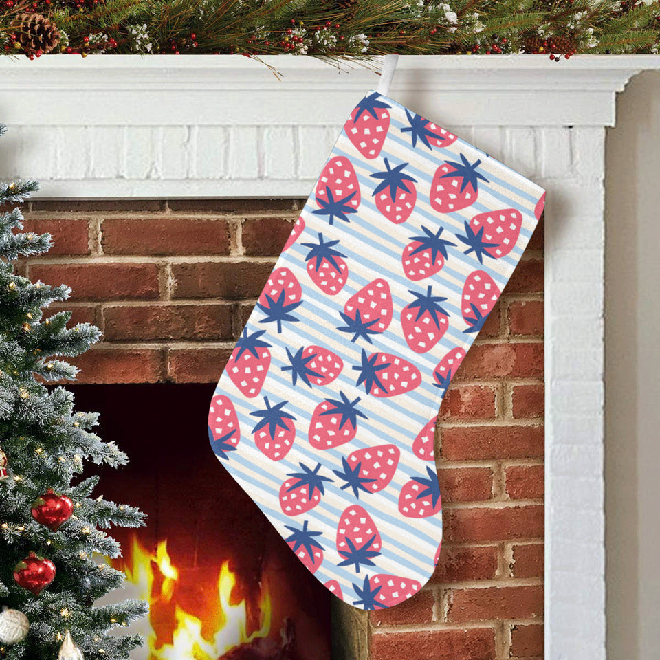 Strawberry pattern blue lines background Christmas Stocking