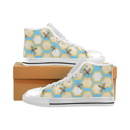 Bee honeycomb pattern Men's High Top Canvas Shoes White