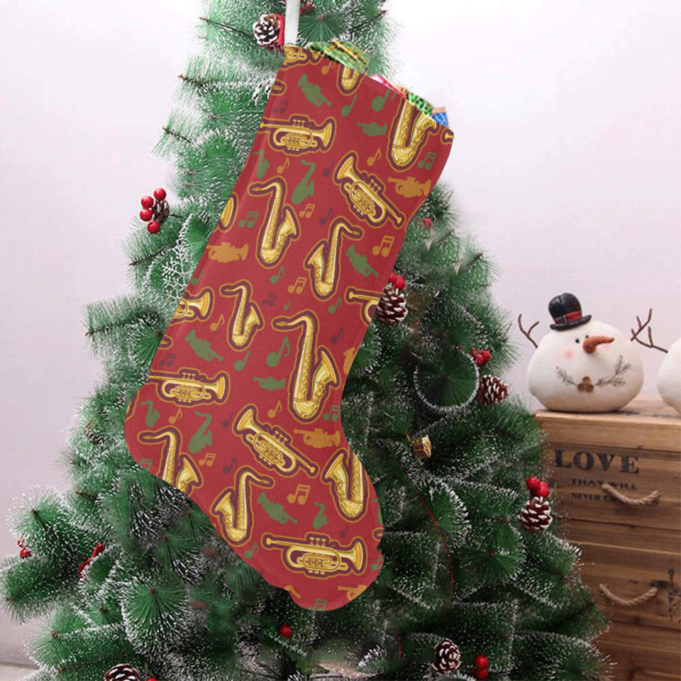 Saxophone cornet pattern red background Christmas Stocking
