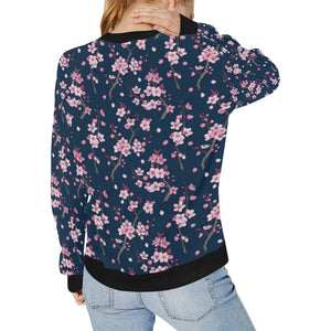 Pink sakura cherry blossom blue background Women's Crew Neck Sweatshirt