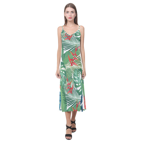 heliconia palm and monstera  leaves pattern V-Neck Open Fork Long Dress