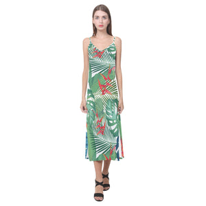 heliconia palm and monstera  leaves pattern V-Neck Open Fork Long Dress