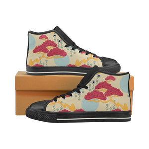 Red Bonsai gray sun japanese pattern Women's High Top Canvas Shoes Black