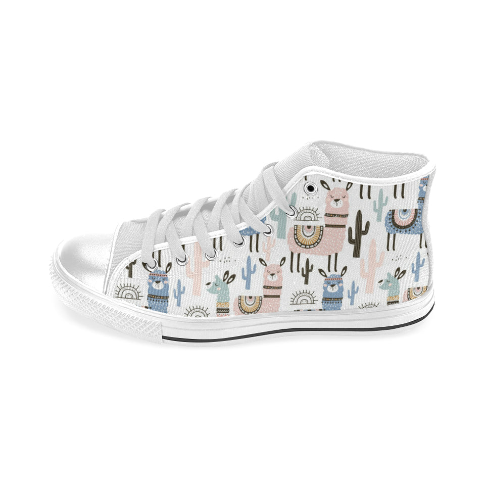 lama Alpaca cactus hand drawn pattern Men's High Top Canvas Shoes White
