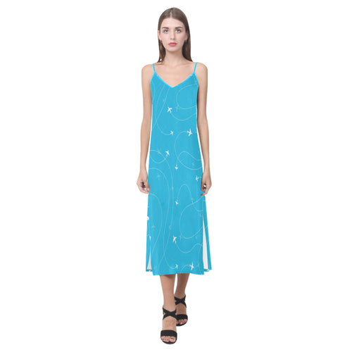 Airplane destinations blue background V-Neck Open Fork Long Dress