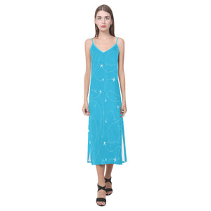 Airplane destinations blue background V-Neck Open Fork Long Dress